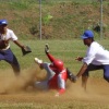 New Caldonia's Jaques Levy slides out at 2nd as Lio Tautalafua tags him out