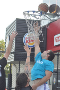 : Hawks player Matt Wilson scores with a reverse lay-up for his team, the Stallions, in Tuesday night’s finals of the Hawke’s Bay 3x3 basketball tournament at Burger King in Napier